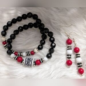 2  Red, Black & White Handcrafted Stackable bracelets w/ earrings